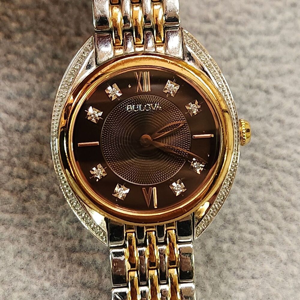 Bulova Women's Watch 98R230 Quartz Diamond Brown Dial Rose Gold Silver Tone 30mm